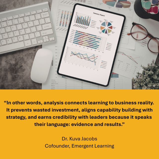 : A workspace scene featuring a tablet displaying colorful data charts and graphs, surrounded by printed reports, a keyboard, a mouse, and a pair of glasses. Caption reads: “In other words, analysis connects learning to business reality. It prevents wasted investment, aligns capability building with strategy, and earns credibility with leaders because it speaks their language: evidence and results.” -Dr. Kuva Jacobs, Cofounder, Emergent Learning