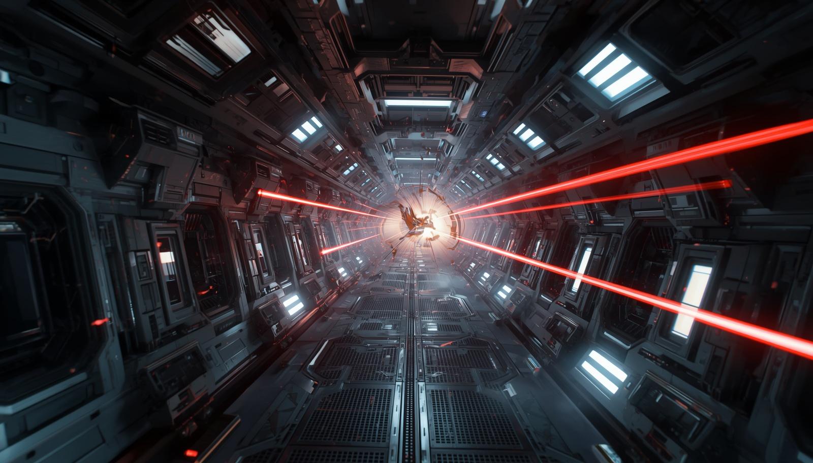 Futuristic spaceship corridor with red laser blasts streaking across a metallic hallway, converging toward a distant figure at the far end, creating a sense of motion and high-intensity action.