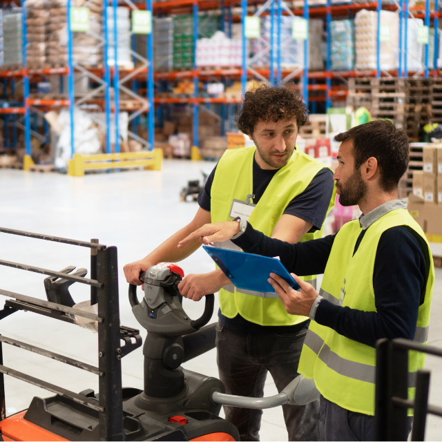 Two warehouse workers wearing high-visibility vests stand beside a pallet jack in a large storage facility, reviewing information on a tablet while discussing tasks. Shelving units filled with inventory line the background.