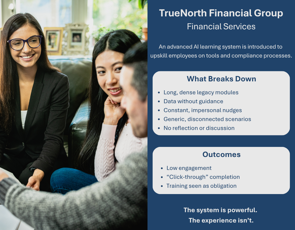 Three professionals sit together in a casual meeting, smiling and engaged in conversation. Caption reads: “TrueNorth Financial Group. Financial Services. An advanced AI learning system is introduced to upskill employees on new tools and compliance processes. What breaks down: Long, dense legacy modules, Data without guidance, Constant, impersonal nudges, Generic, disconnected scenarios, No reflection or discussion Outcomes: Low engagement, “Click-through” completion, Training seen as obligation. The system is powerful. The experience isn’t.”