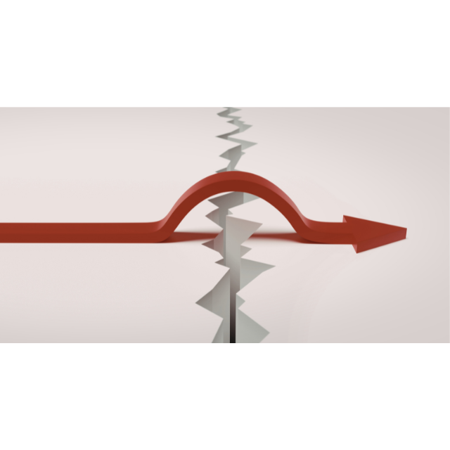 Long red arrow jumping over crack in the surface of something.