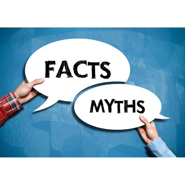 Two hands holding speech bubbles against a blue background—one bubble reads “FACTS” and the other reads “MYTHS,” representing a comparison or contrast between truth and misconception.