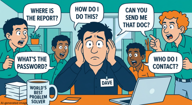 Overwhelmed office worker named Dave surrounded by coworkers asking questions at his desk.
