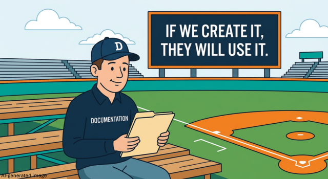 Cartoon office worker sitting in baseball stadium bleachers looking at a sign that says, "If we create it, they will use it."
