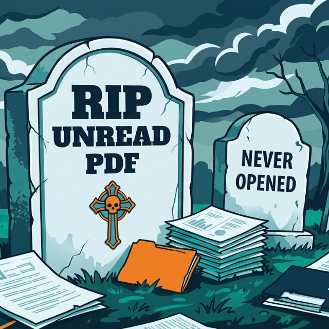 Cartoon graveyard with tombstones labeled unread PDF, unused user guide, and never opened document.