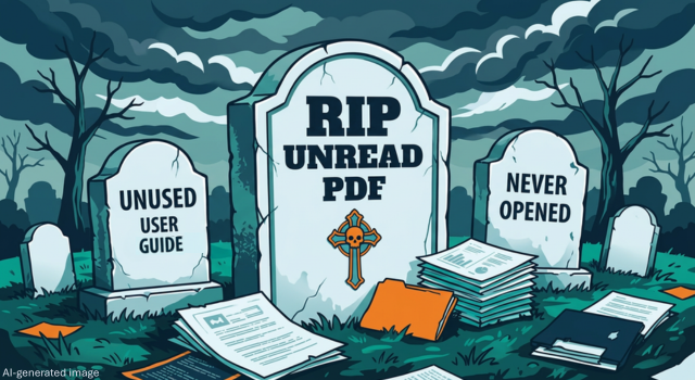 Cartoon graveyard with tombstones labeled unread PDF, unused user guide, and never opened document.