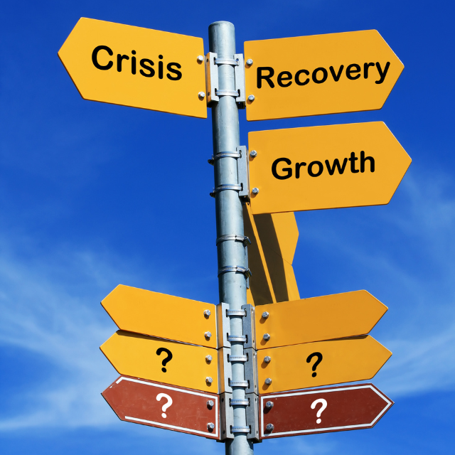 Yellow signposts labeled “Crisis,” “Recovery,” and “Growth” stand above several blank and question-mark signs, symbolizing the uncertainty of recovery and the opportunities for learning after a crisis.