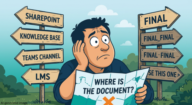 Confused office worker holding a treasure map surrounded by signs pointing to SharePoint, knowledge base, Teams channel, and LMS.