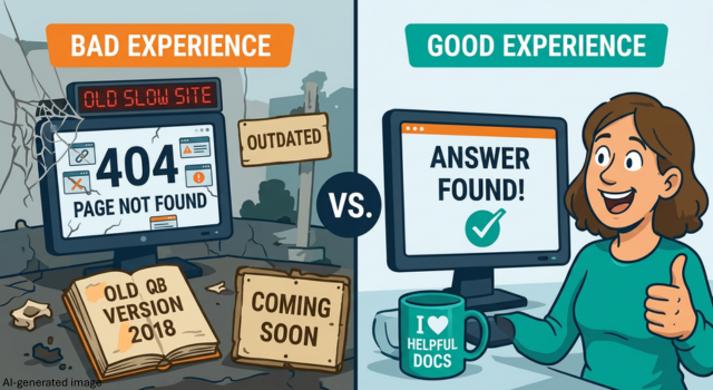 : Split illustration showing a broken documentation experience on one side and a successful answer found on the other.