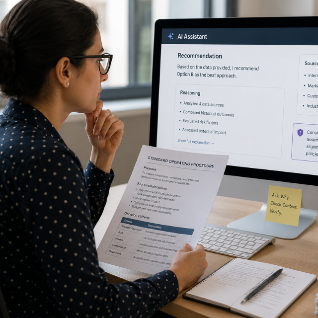 Professional reviewing an AI recommendation on a computer while comparing it with printed standard operating procedures.