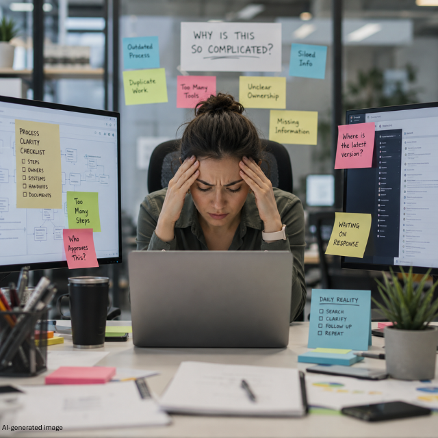 A woman sits at a modern office workstation with her hands on her temples, looking down at a laptop while surrounded by dual monitors, colorful sticky notes, notebooks, and office supplies. The workspace is filled with reminders and checklists, with an open office blurred in the background.