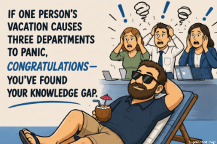 Illustration of Dave relaxing with a beverage while employees from multiple departments panic.
