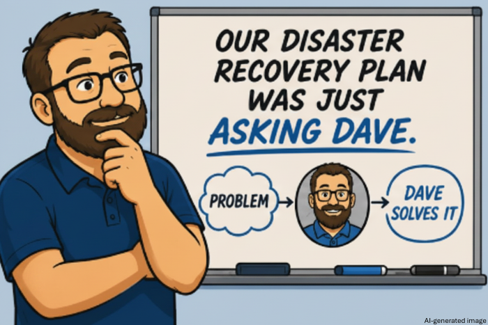 Illustration of a whiteboard showing that if there’s a problem, you ask Dave and he solves it.