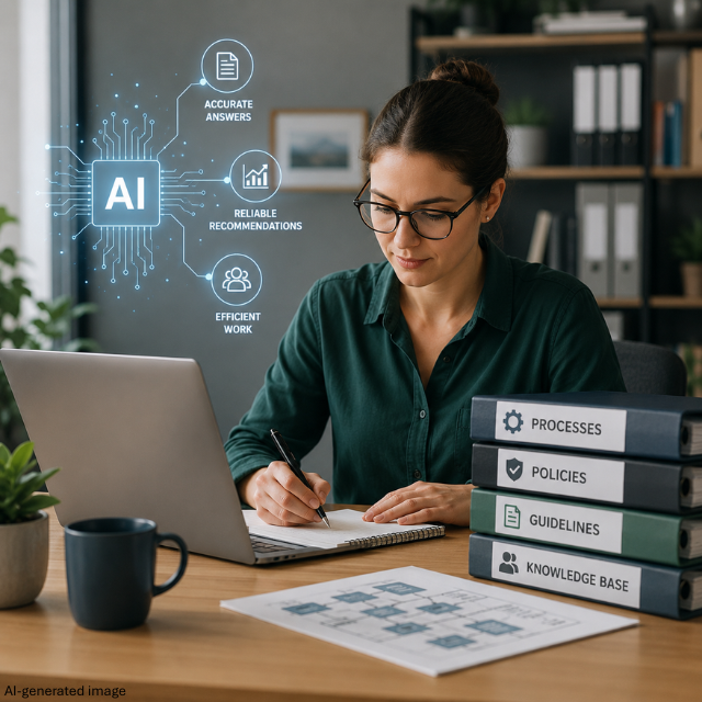 Woman working at a desk with a laptop, organized process binders, and a digital AI graphic showing connections to accurate answers, reliable recommendations, and efficient work.