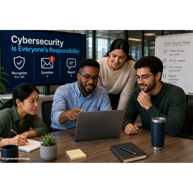Multicultural employees collaborate in an office while reviewing cybersecurity guidance displayed on a screen and whiteboard.
