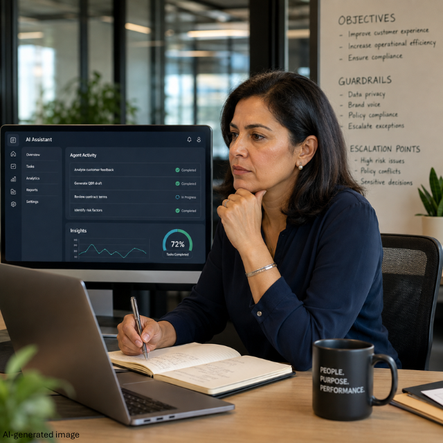 Woman at a desk reviewing an AI assistant dashboard, with notes about objectives, guardrails, and escalation points on a whiteboard behind her.