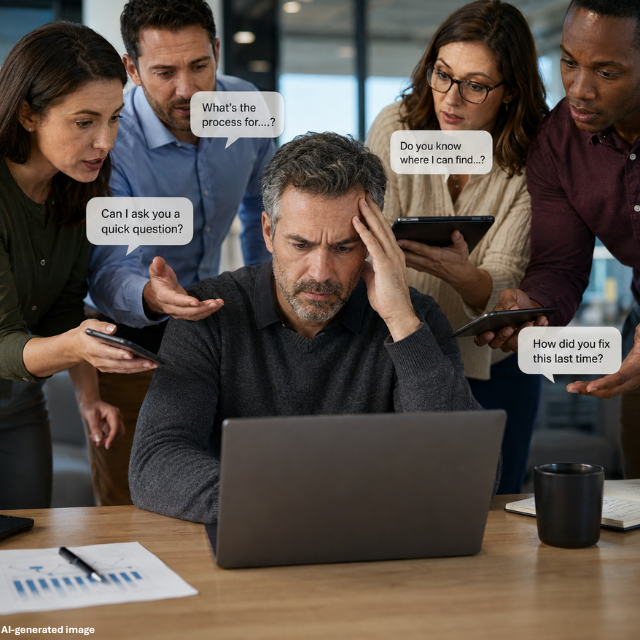 An office employee sits at a desk looking stressed while four coworkers surround them, each holding a phone or tablet and asking questions, as the employee focuses on a laptop with paperwork and a coffee mug nearby.