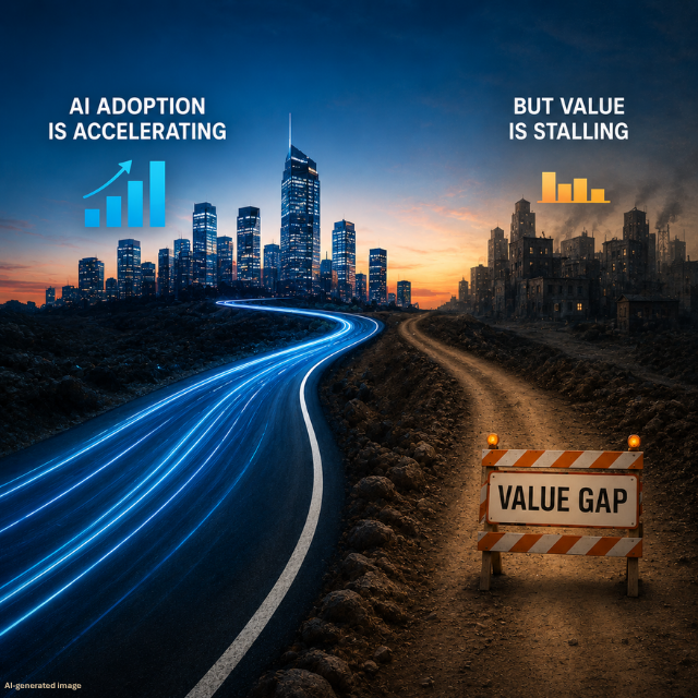 A divided landscape shows a bright, futuristic city reached by a glowing blue highway beneath the words “AI Adoption Is Accelerating,” while a rough dirt road leads toward a dark, deteriorating city beneath “But Value Is Stalling.” A barricade labeled “Value Gap” blocks the dirt road.