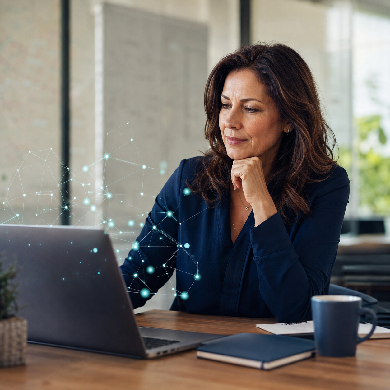 A woman in a navy blouse reviews a laptop at a wooden desk as a subtle pattern of glowing blue connected nodes extends from the screen.