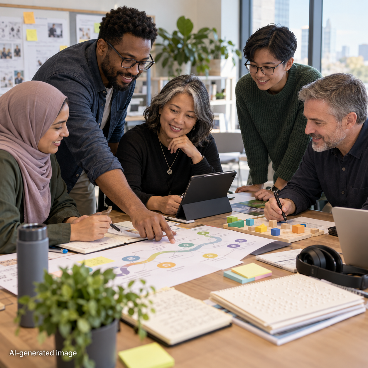 Diverse group of professionals reviewing a learning map, tablet, and hands-on materials around a table in an office.