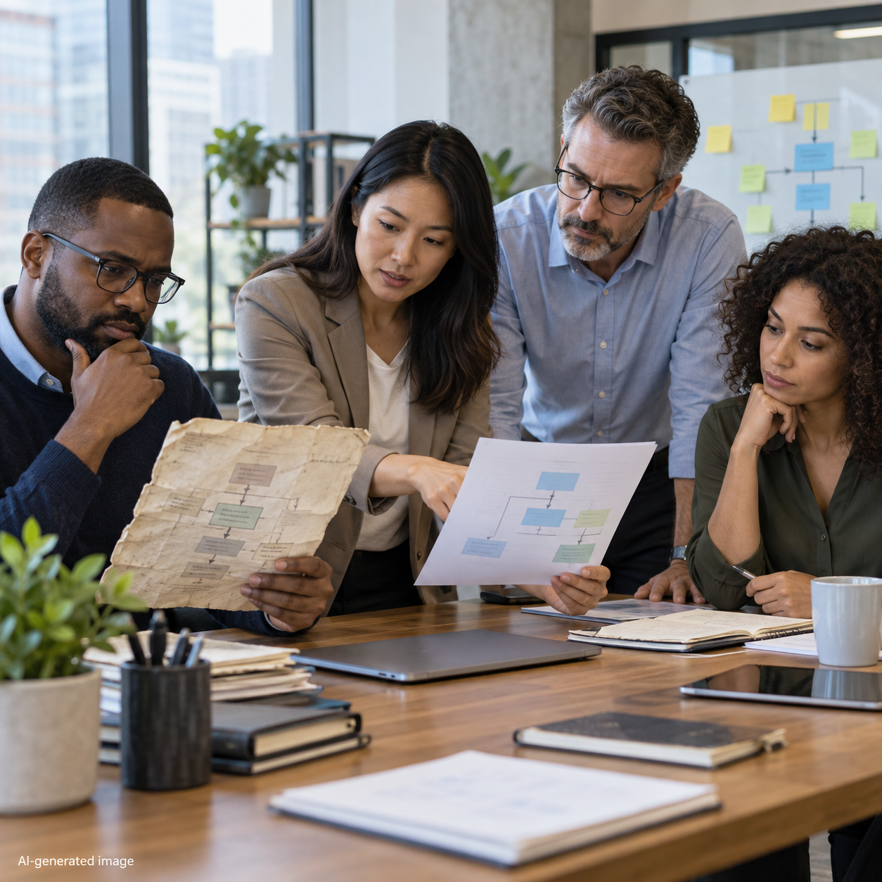 Group of professionals comparing an outdated paper process map with a clearer revised document at an office table.