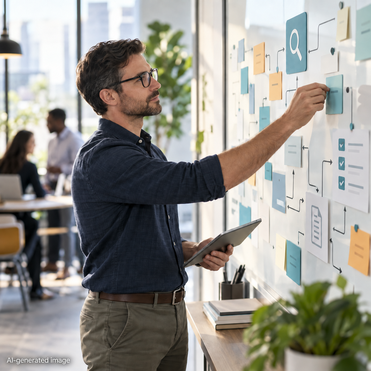 Person holding a tablet while arranging visual information cards on a glass wall in a bright office.