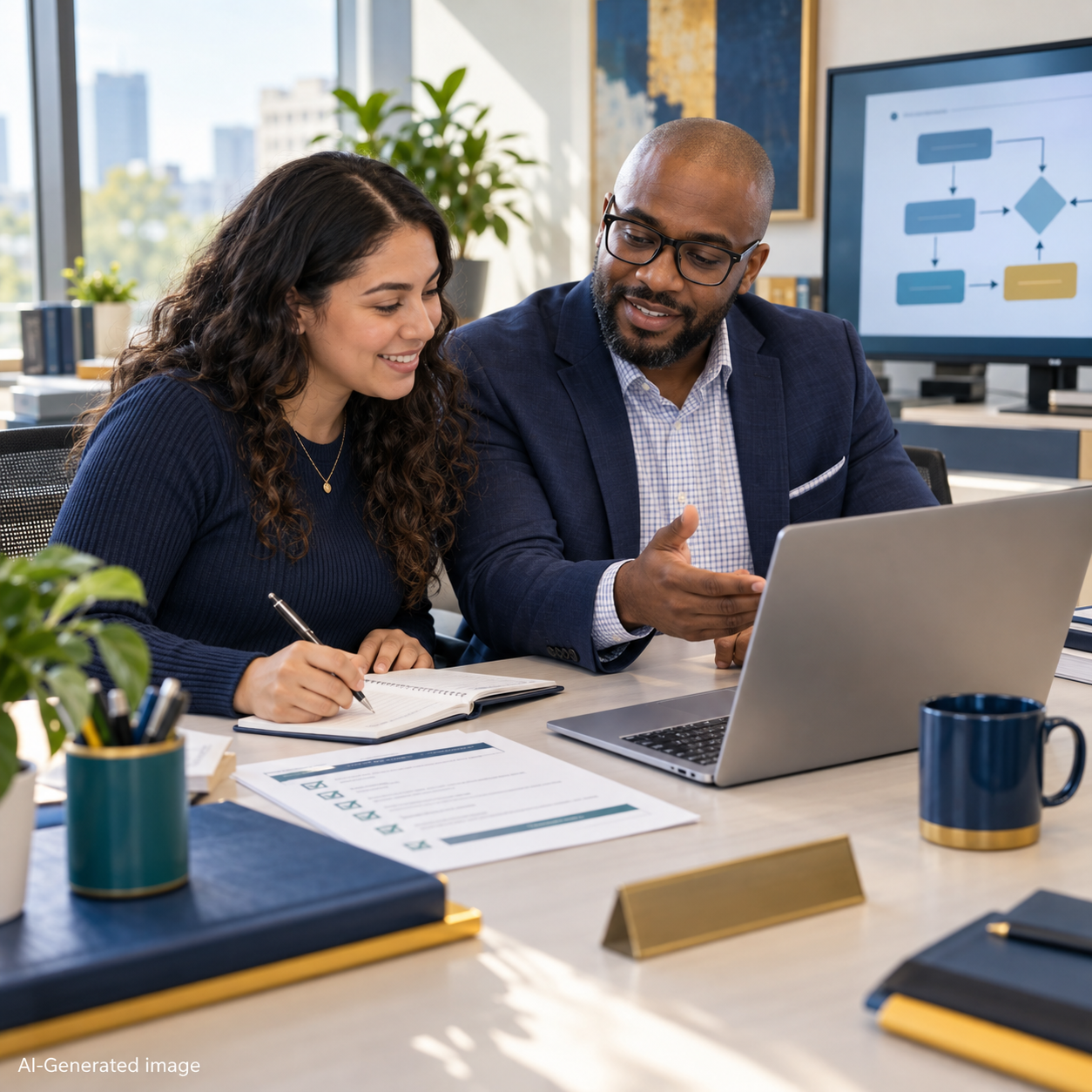 Two colleagues review a laptop, checklist, and notebook together at a bright office desk, with a workflow diagram on a nearby monitor.