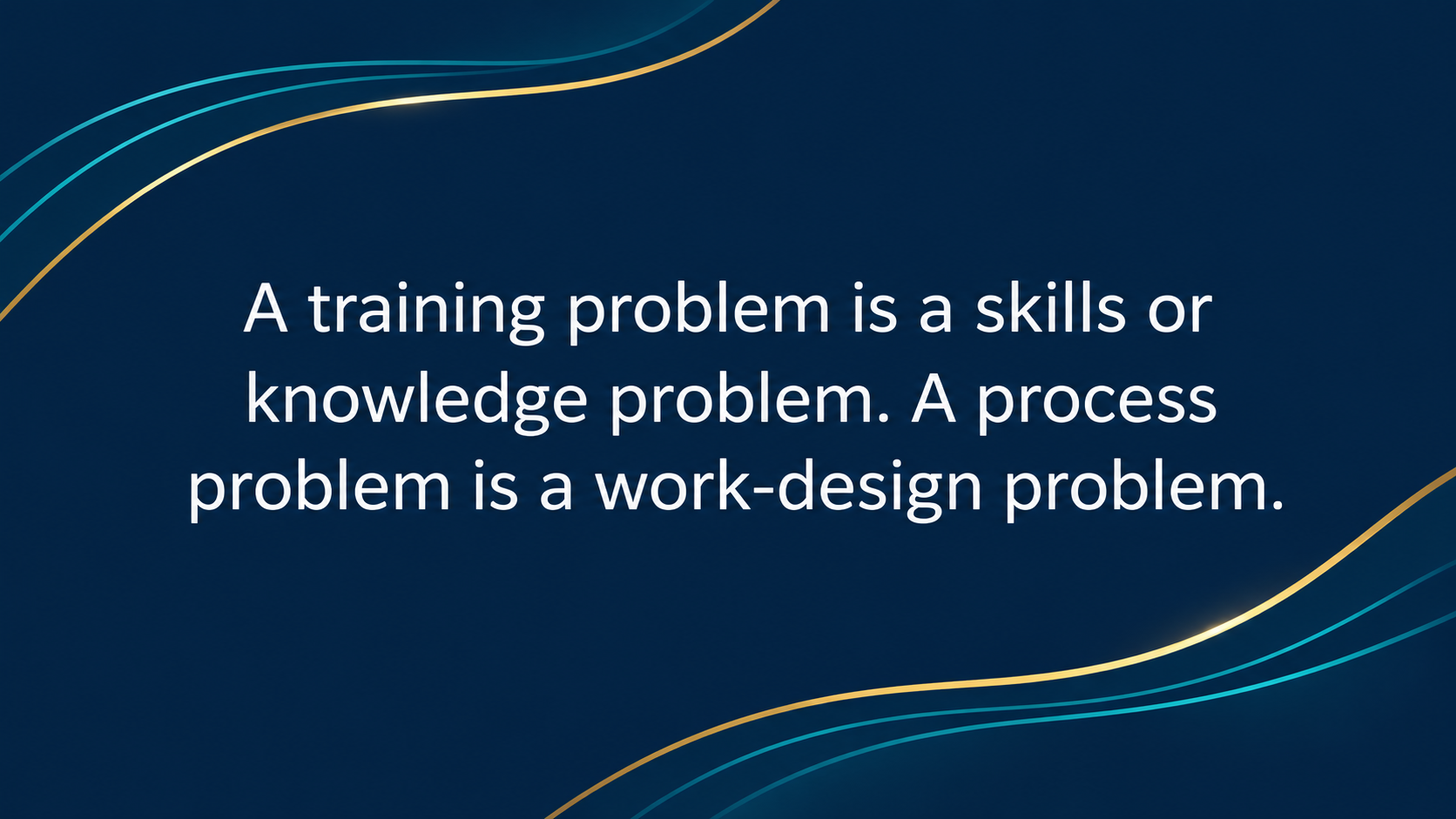 Dark navy quote card with teal and gold flowing lines with white text: "A training problem is a skills or knowledge problem. A process problem is a work-design problem."