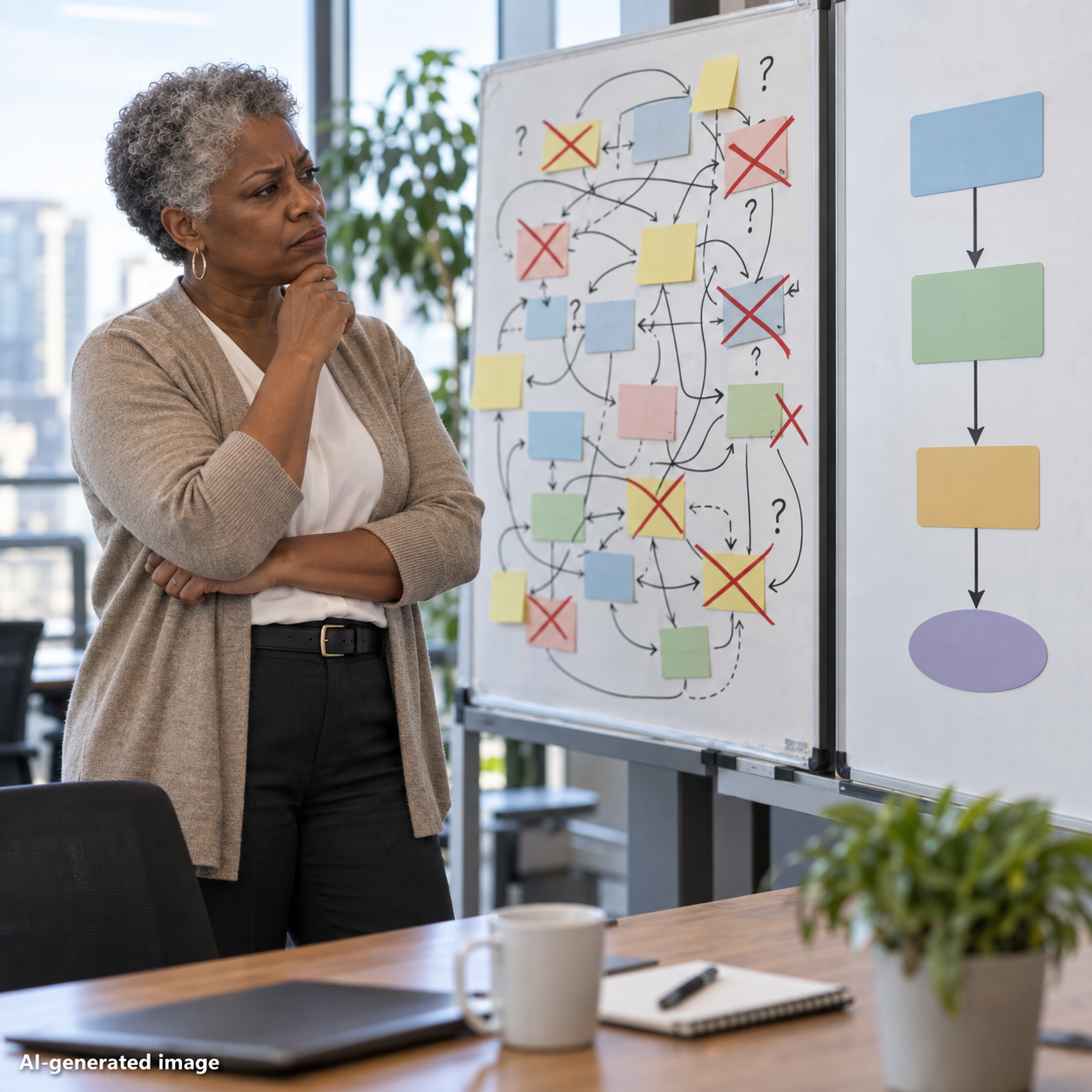 Professional reviewing a crowded process board beside a simple vertical workflow diagram in an office.