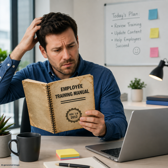 Man in a modern office looks puzzled while reading a worn employee training manual dated 2012, with a laptop on the desk beside him.