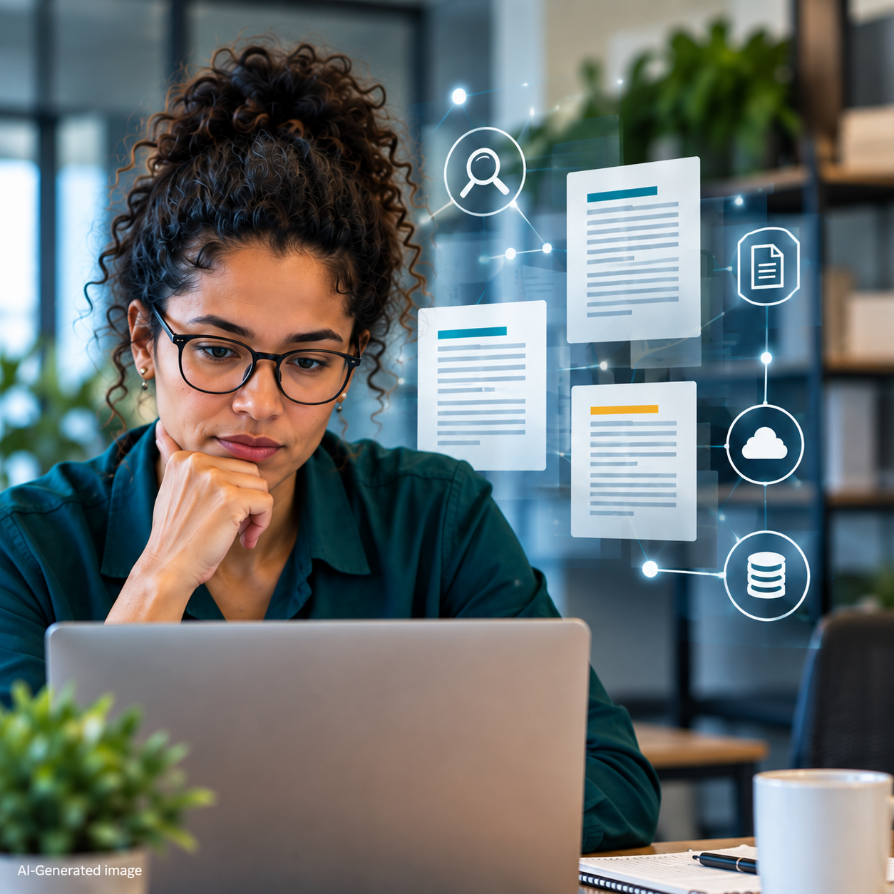 Person with curly hair and glasses works at a laptop in a modern office while connected digital documents, search, cloud, and database icons appear beside them.