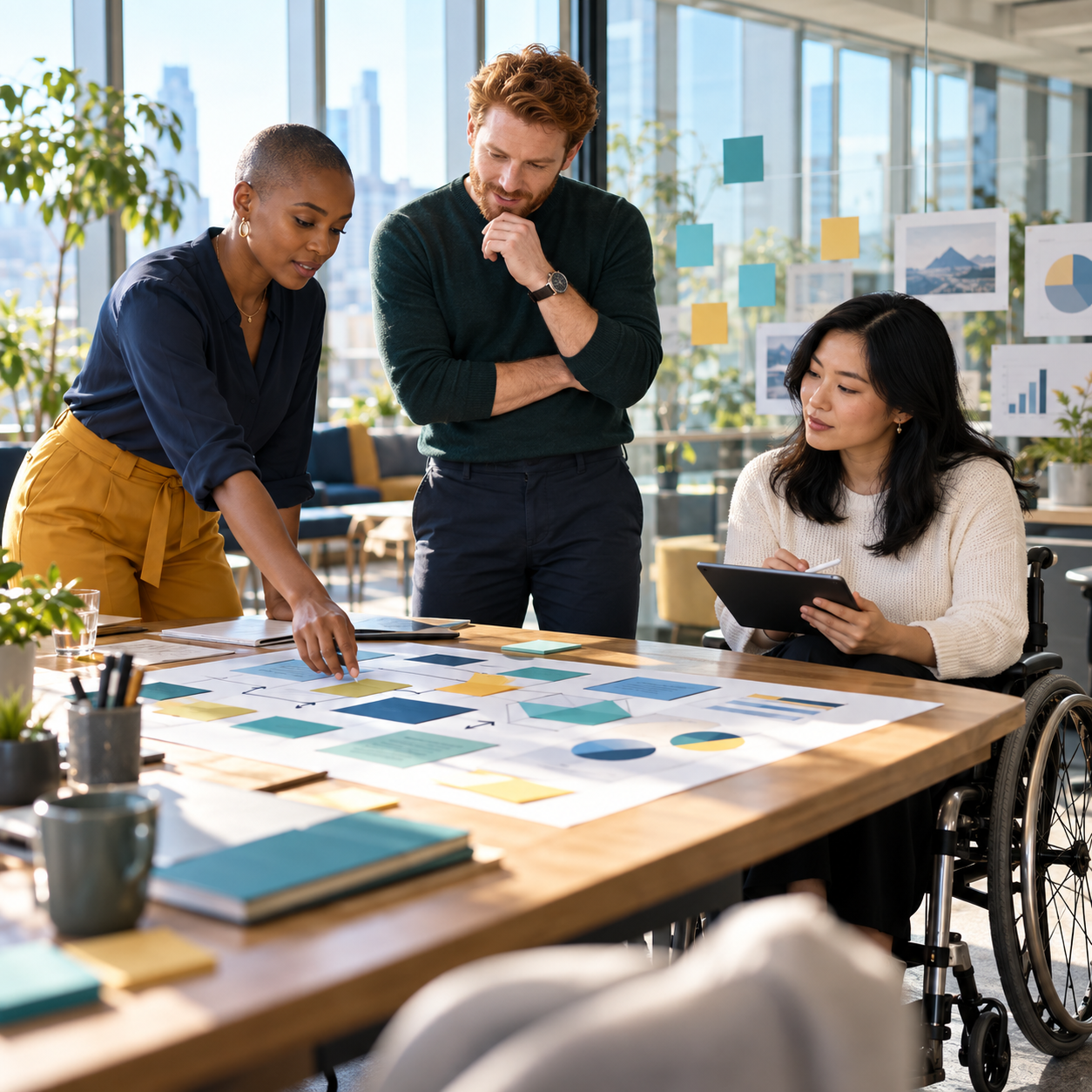 Diverse professionals, including a wheelchair user, collaborate around a table with planning materials, a tablet, and a workflow board in a bright modern office.
