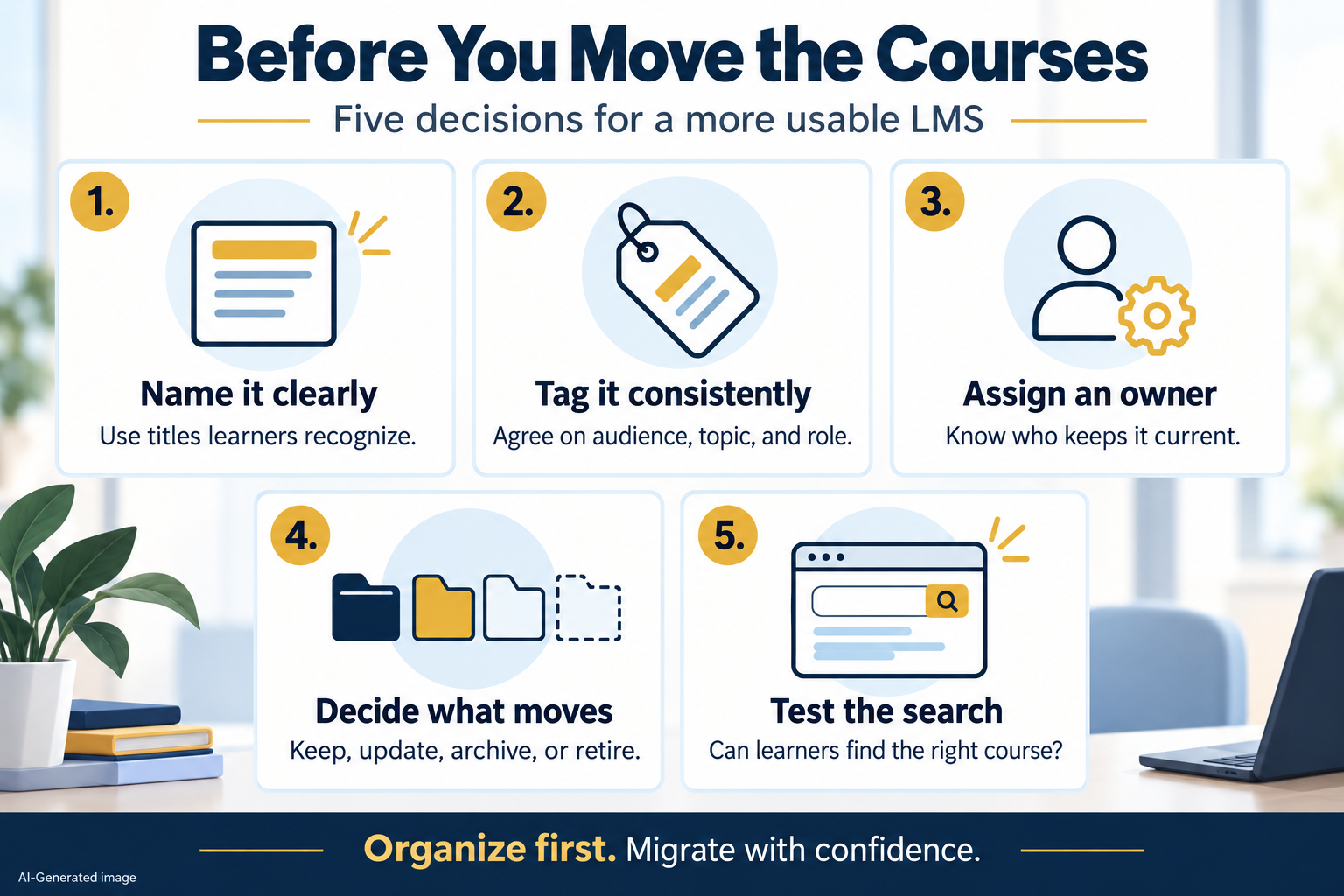 Five decisions before an LMS migration: name courses clearly, tag them consistently, assign an owner, decide what moves, and test whether learners can find the right course.