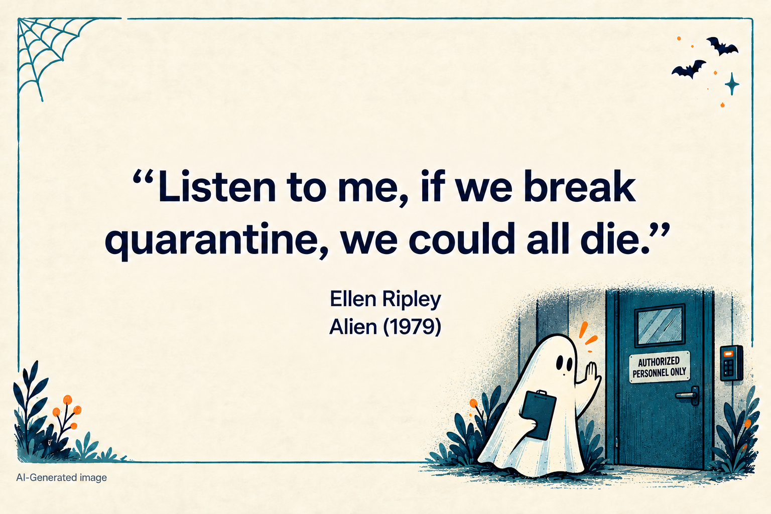 Halloween quote card showing a ghost with a clipboard raising a hand beside an authorized-personnel-only door: “Listen to me, if we break quarantine, we could all die.” — Ellen Ripley, Alien (1979).