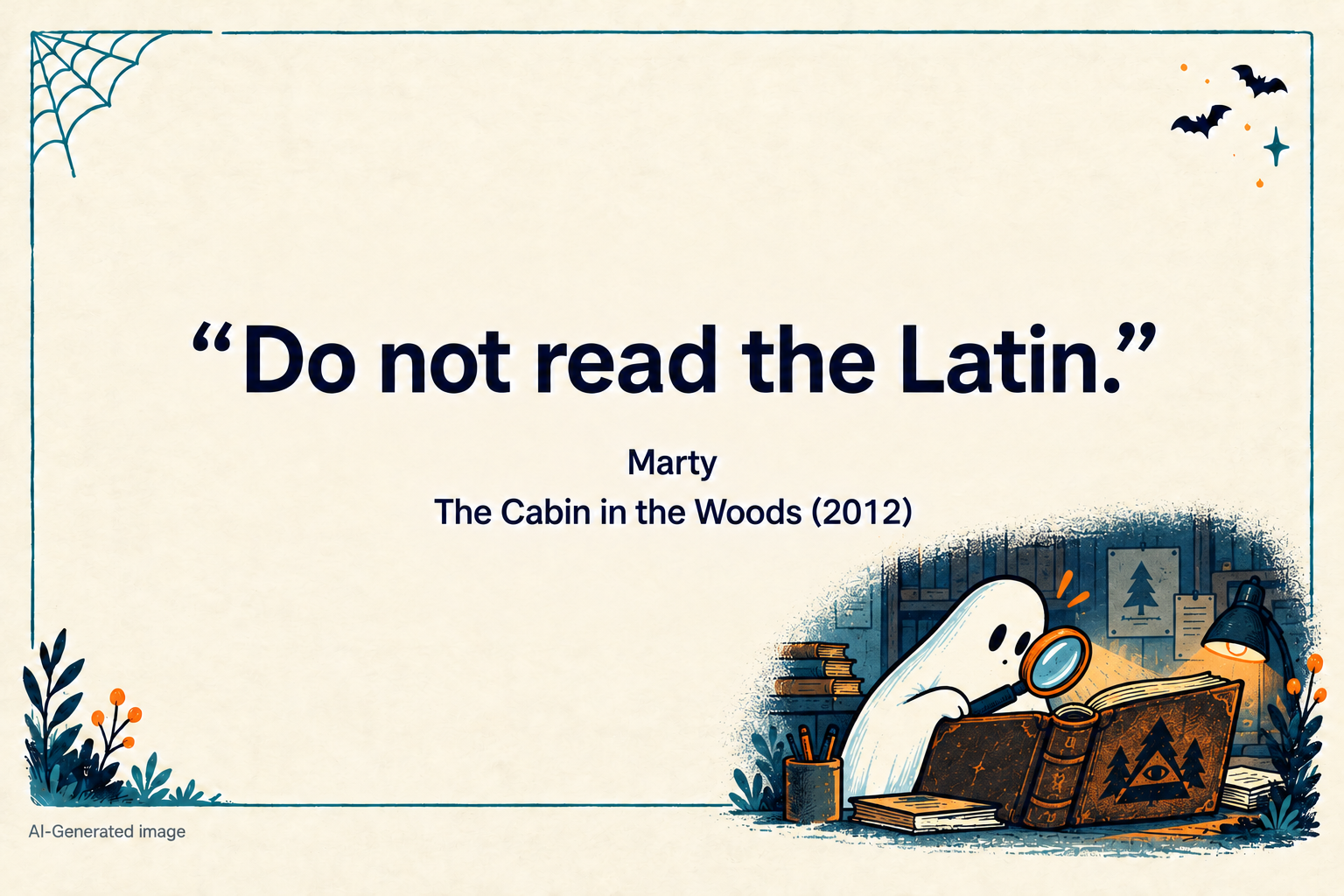 Halloween quote card showing a ghost inspecting an old open book through a magnifying glass: “Do not read the Latin.” — Marty, The Cabin in the Woods (2012).