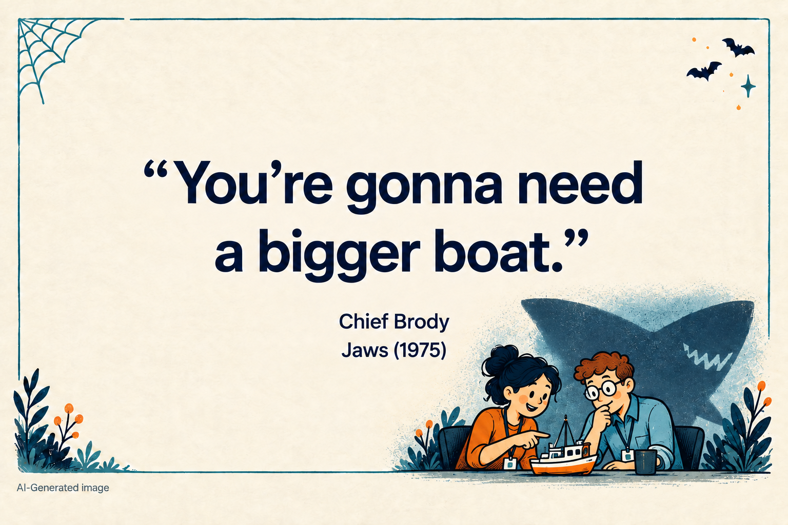 Halloween quote card showing two coworkers examining a model boat beneath a large shark shadow: “You’re gonna need a bigger boat.” — Chief Brody, Jaws (1975).