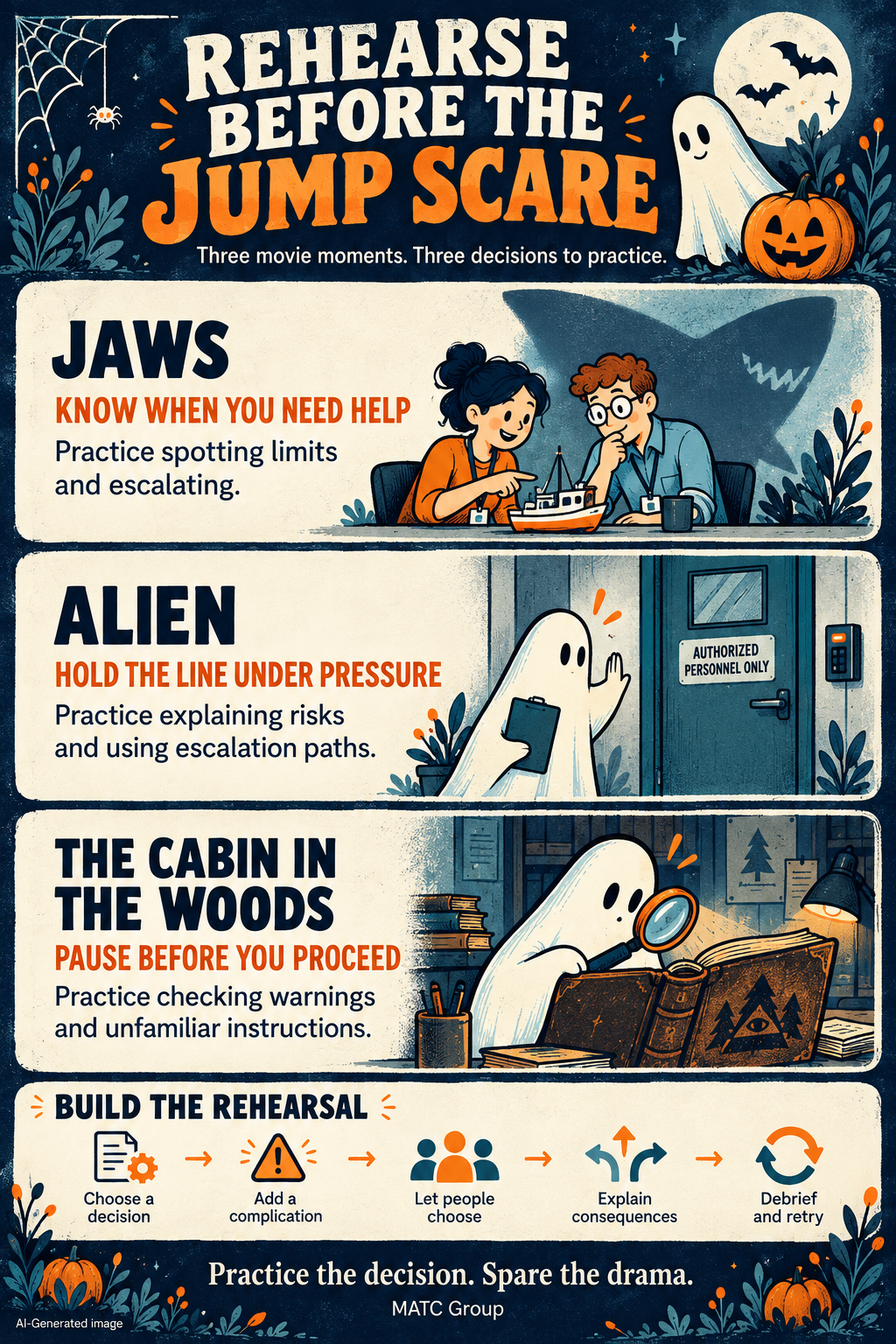 Halloween infographic connects Jaws with recognizing limits and escalating, Alien with explaining risks under pressure, and The Cabin in the Woods with checking warnings before acting. A closing strip gives five rehearsal steps: choose a decision, add a complication, let people choose, explain consequences, and debrief and retry.