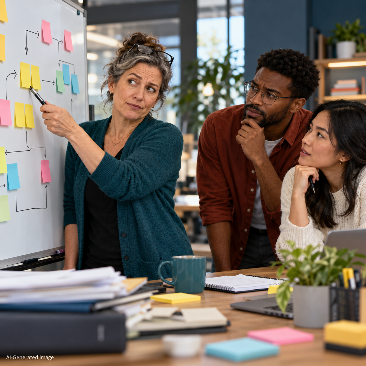 An employee points out a confusing step on a whiteboard workflow while two colleagues listen and consider the concern.