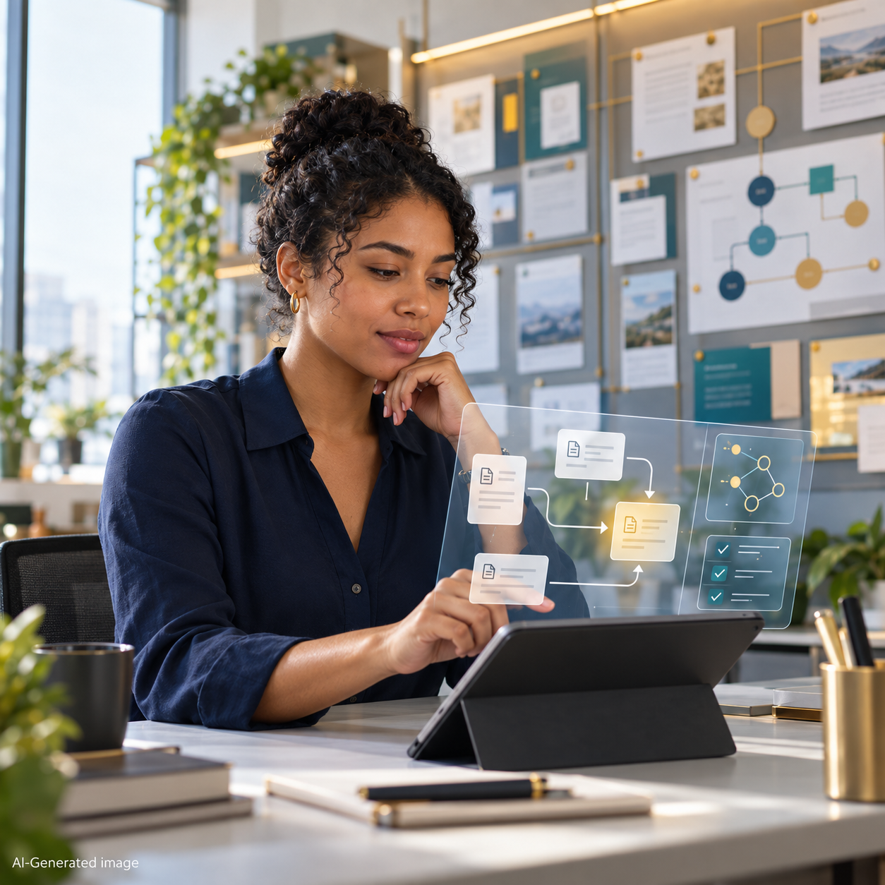 Professional reviews a knowledge workflow on a tablet in front of an organized wall of documents and process maps, with a subtle AI-assisted interface linking information and decisions.