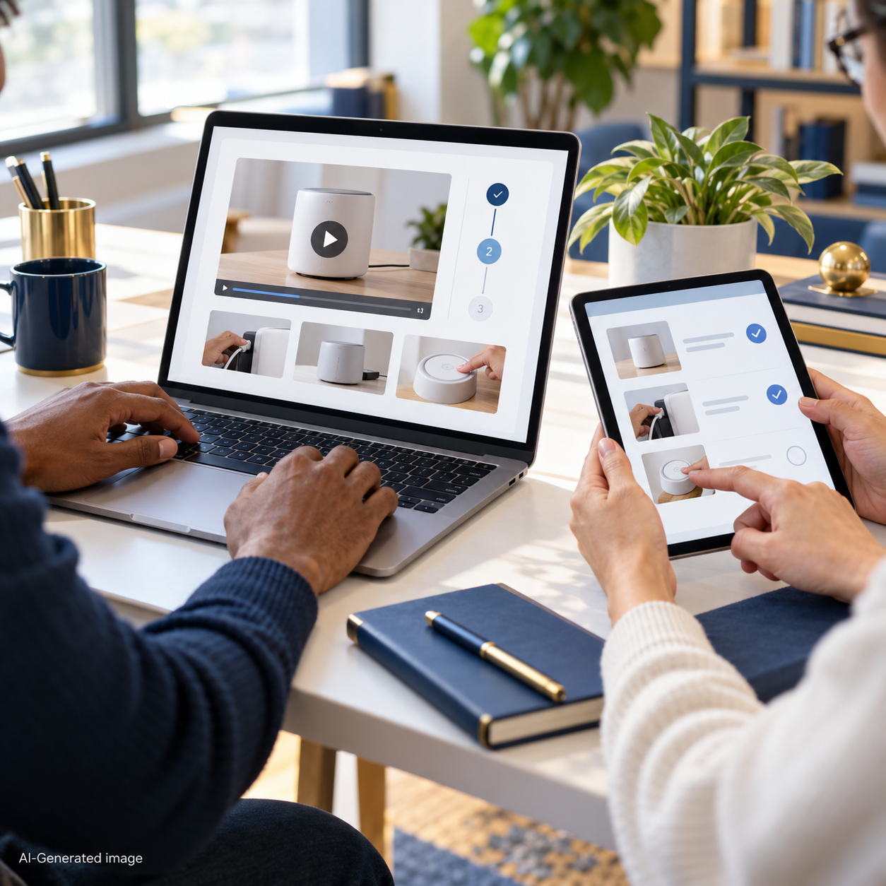 Customers use a laptop showing a product tutorial and a tablet displaying a visual setup checklist at a bright office desk.