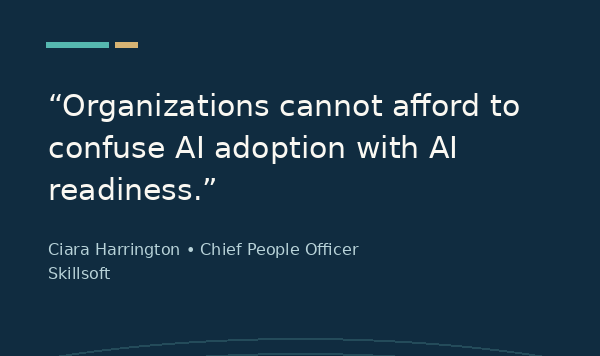Navy quote card with teal and gold accents reads: “Organizations cannot afford to confuse AI adoption with AI readiness.” Source: Ciara Harrington, Chief People Officer, Skillsoft.