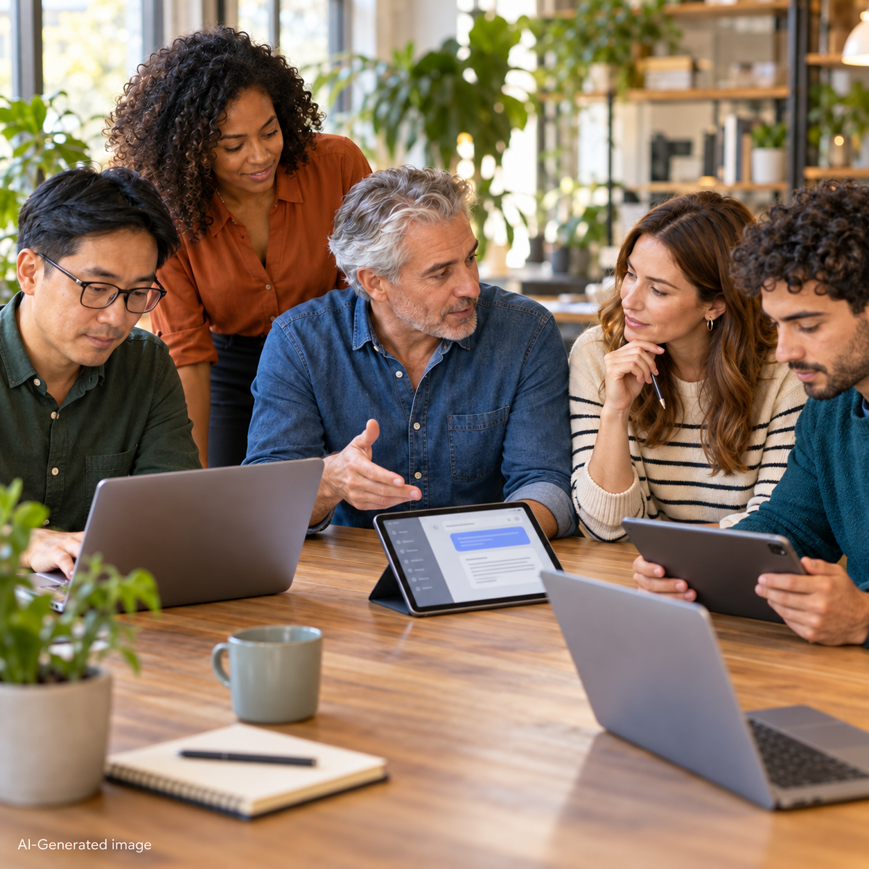 Diverse colleagues work with laptops and source documents around an office table, illustrating different responsibilities when using AI.