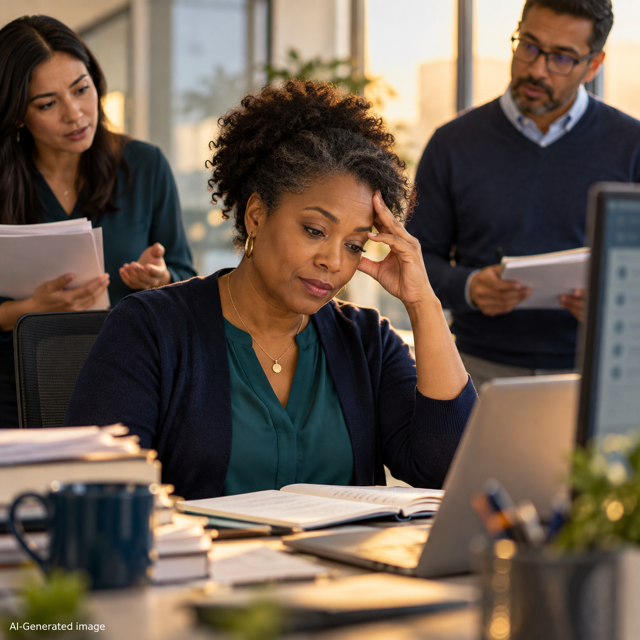 A subject matter expert pauses over a notebook and laptop while two coworkers wait nearby with questions in a softly blurred office.